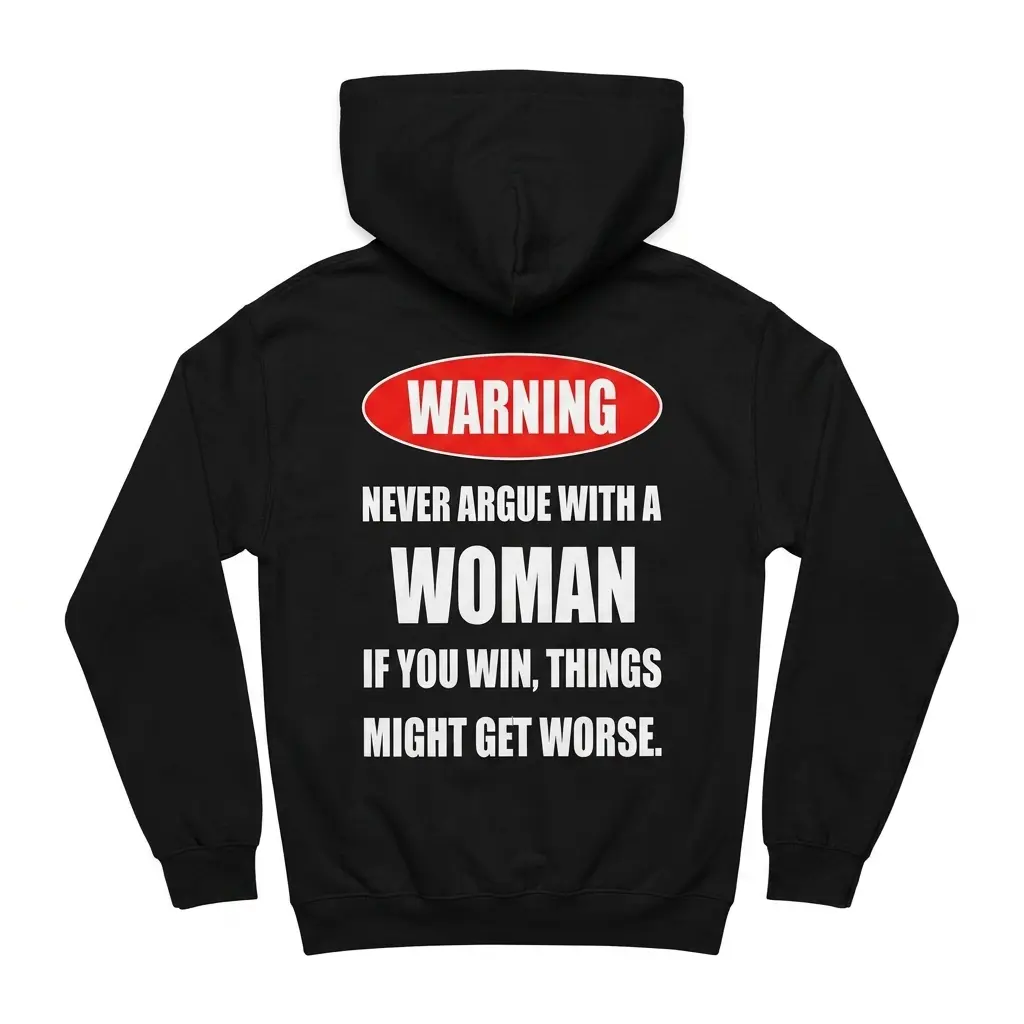 Black hoodie back flatlay showing the red Warning badge and Never Argue With A Woman If You Win Things Might Get Worse text