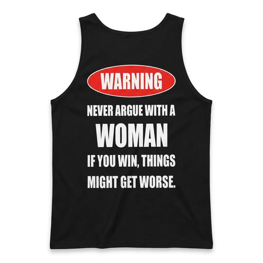 Black tank top back flatlay printed with the funny Warning Never Argue With A Woman couple humor quote