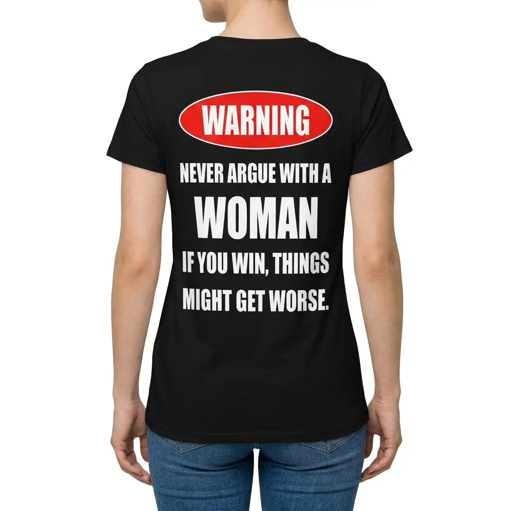 Rear view of a woman wearing the black Warning Never Argue With A Woman back-print graphic t-shirt