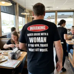 Warning Never Argue With A Woman Funny Marriage Humor Tee 10 Candid outdoor rear shot of a man wearing the black Warning Never Argue With A Woman Funny Marriage Humor Tee
