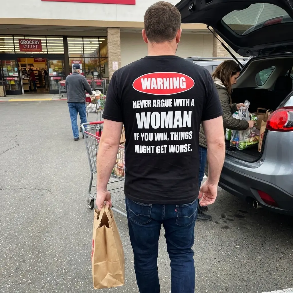 Everyday street photo showing the back print of the black Warning Never Argue With A Woman relationship joke shirt