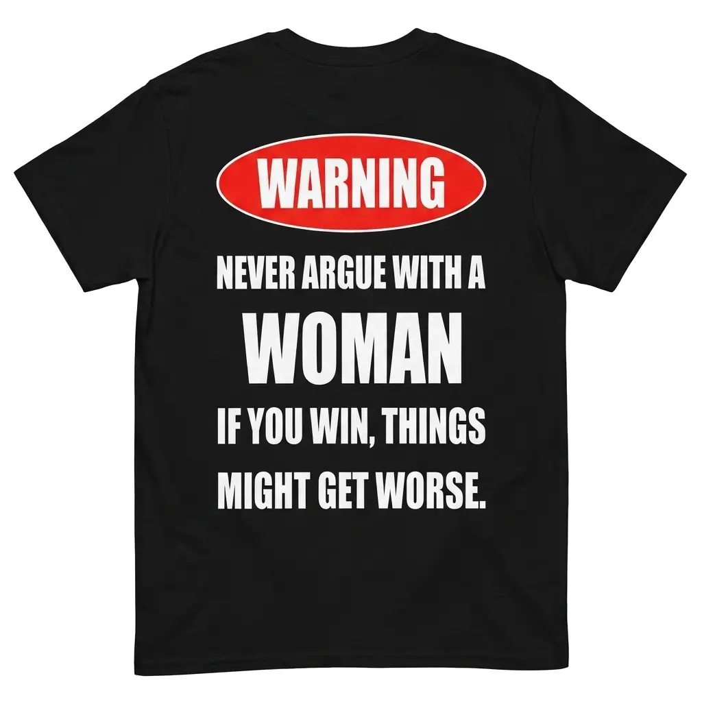 Warning Never Argue With A Woman Funny Marriage Humor Tee back flatlay on a black shirt with a red warning sign