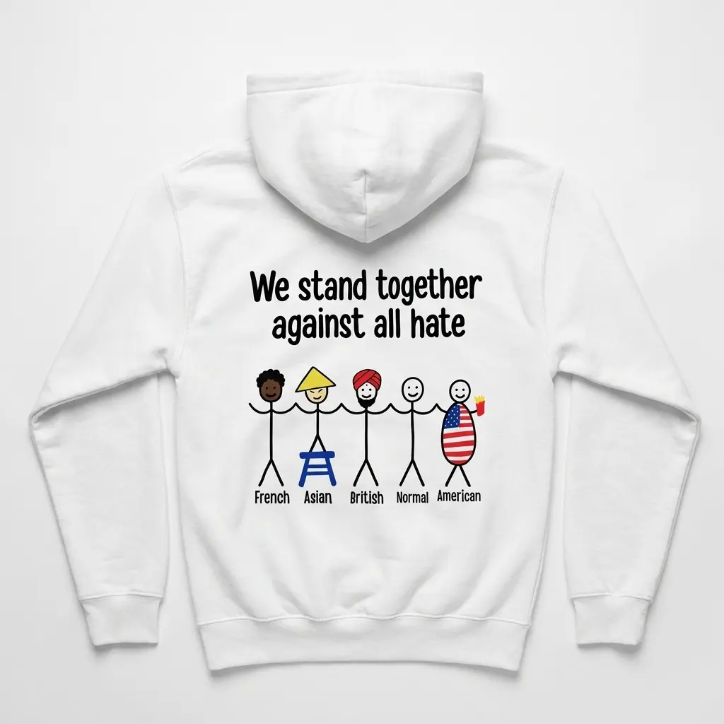Cozy pullover hoodie displaying back print reading We stand together against all hate with five stick figures labeled French Asian British Normal American