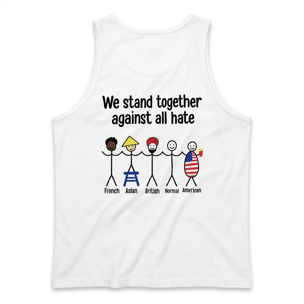 Sleeveless casual tank top with back print reading We stand together against all hate with five stick figures labeled French Asian British Normal American