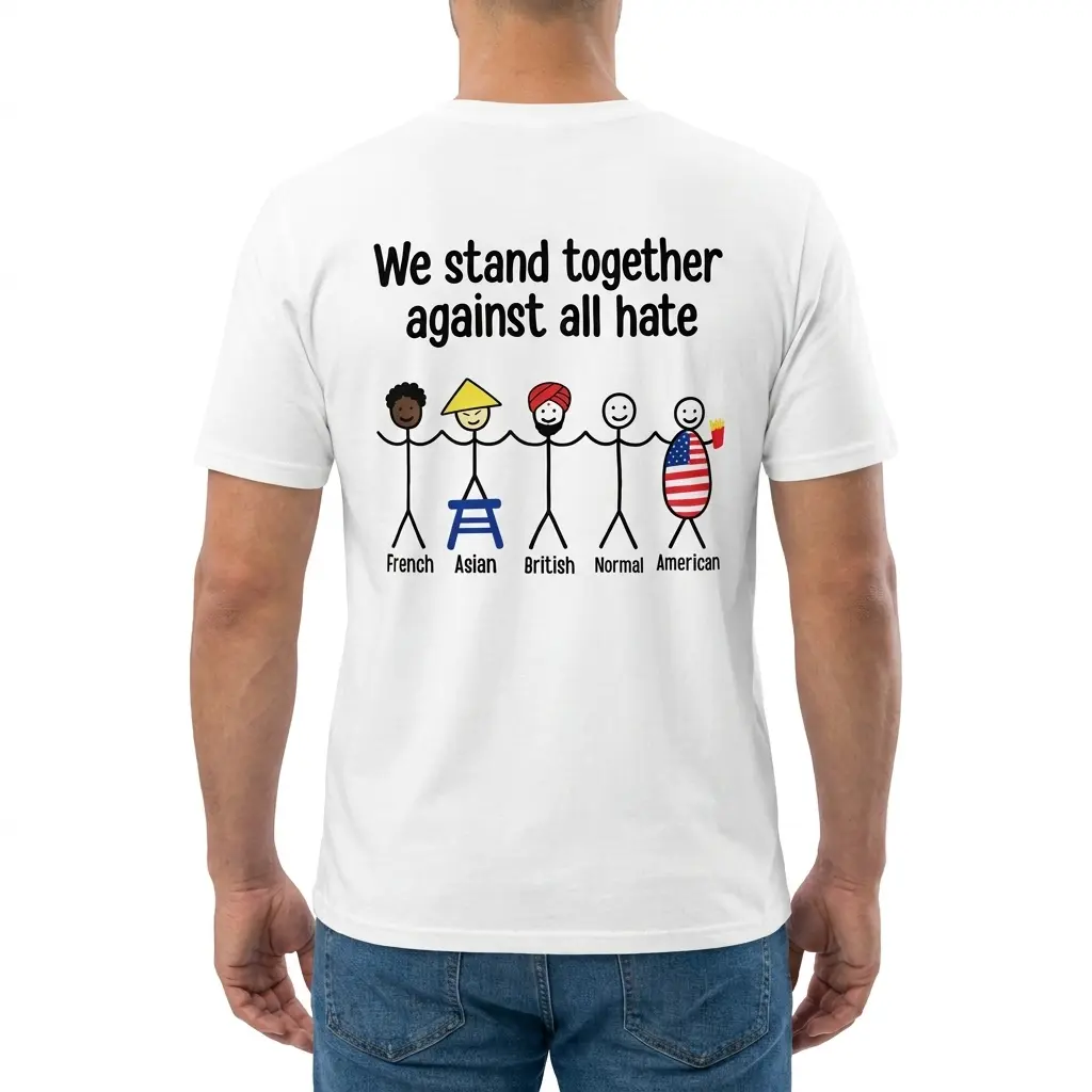 Man wearing white graphic tee with back print reading We stand together against all hate with five stick figures labeled French Asian British Normal American