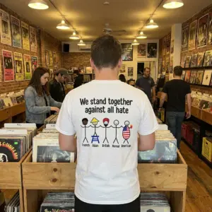 We Stand Together Against All Hate Stick Figure Meme T-Shirt 10 Everyday streetwear outfit styling white shirt with back print reading We stand together against all hate with five stick figures labeled French Asian
