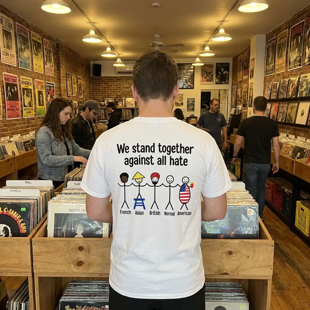 Everyday streetwear outfit styling white shirt with back print reading We stand together against all hate with five stick figures labeled French Asian