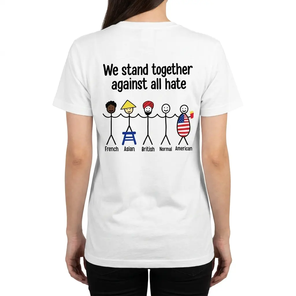 Woman wearing white cotton tee with back print reading We stand together against all hate with five stick figures labeled French Asian British Normal American