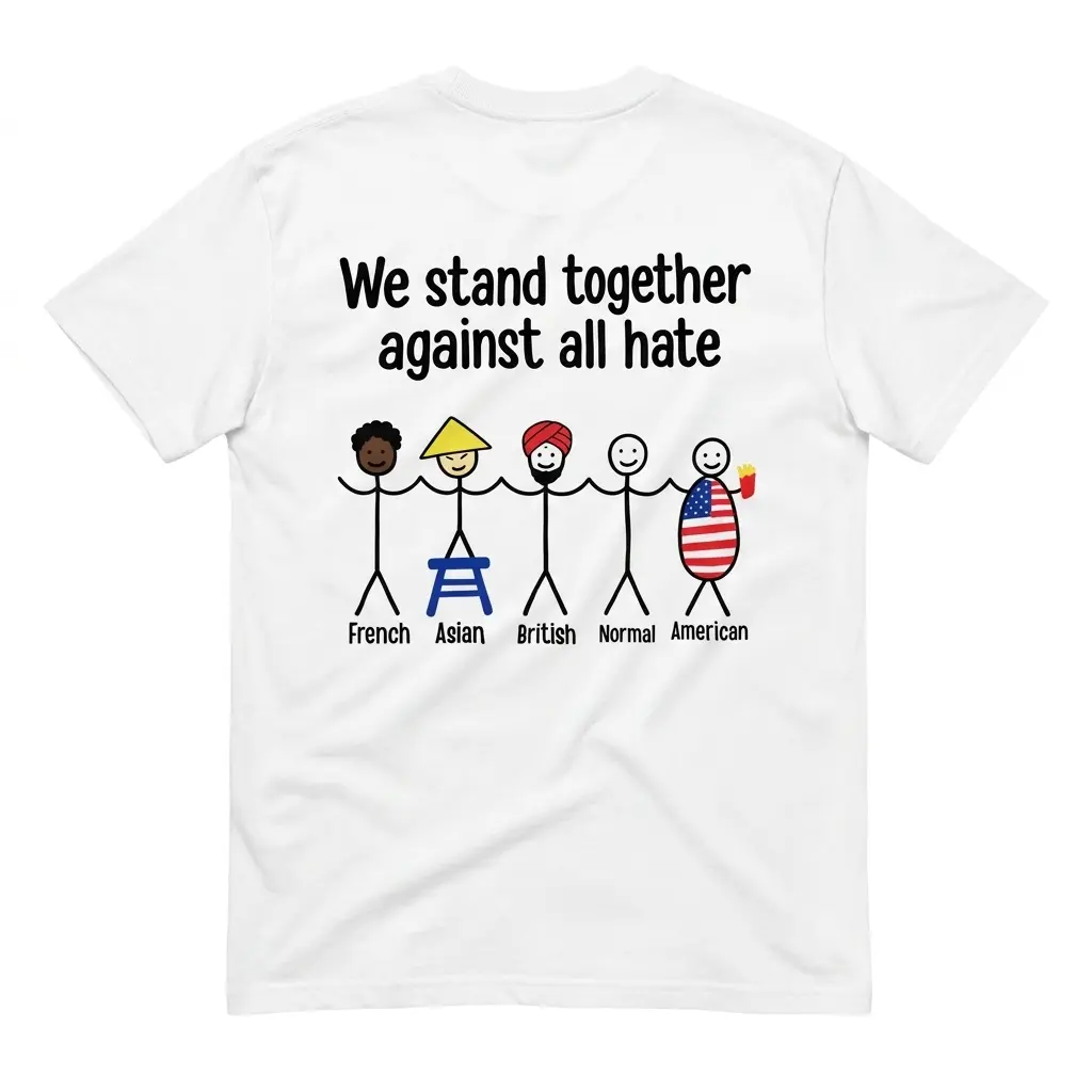 Flatlay white t-shirt featuring back print reading We stand together against all hate with five stick figures labeled French Asian British Normal American