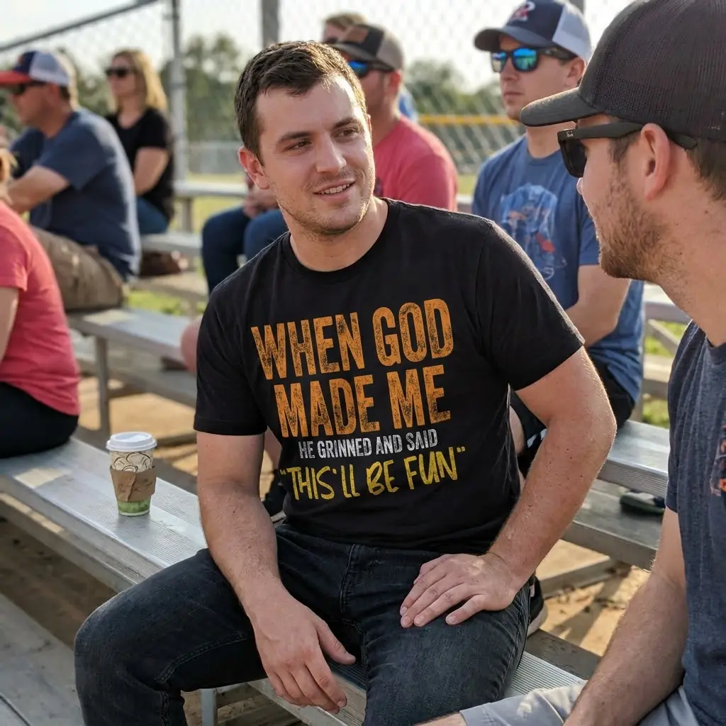 Lifestyle view showing the black funny Christian shirt with distressed typography stating "When God Made Me He Grinned And Said 'This'll Be Fun'".
