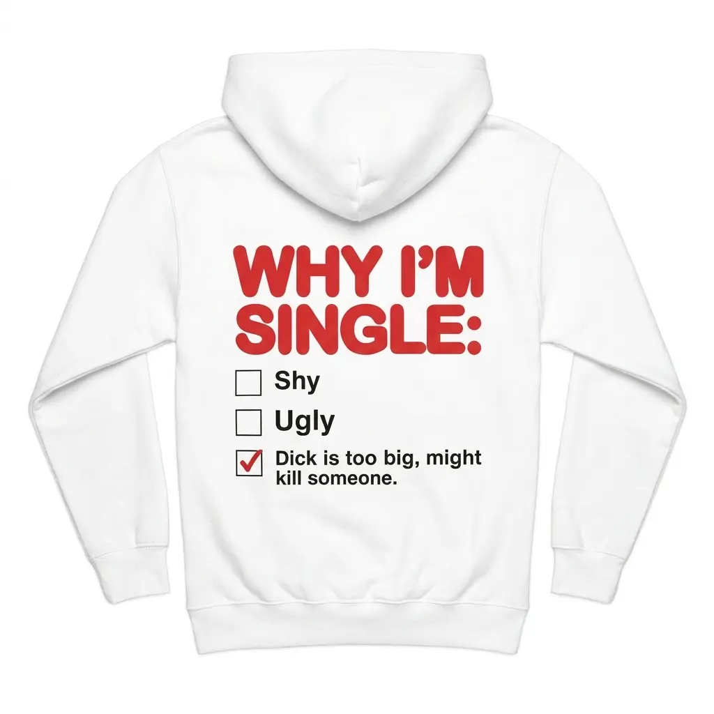 Why I'm Single Checkbox Funny Adult Humor Back Print T-Shirt 2 Cozy pullover hoodie displaying white tee back print reading WHY IM SINGLE with a three-item humor checklist and red checkmark