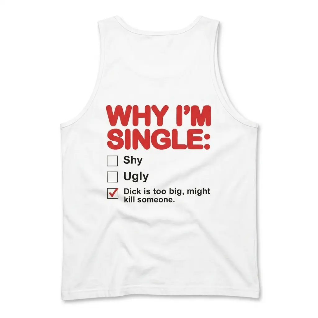 Why I'm Single Checkbox Funny Adult Humor Back Print T-Shirt 3 Sleeveless casual tank top with white tee back print reading WHY IM SINGLE with a three-item humor checklist and red checkmark