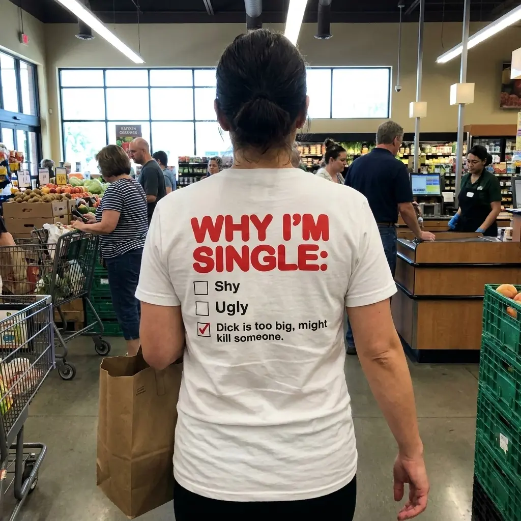 Why I'm Single Checkbox Funny Adult Humor Back Print T-Shirt 5 Everyday streetwear outfit styling white shirt with white tee back print reading WHY IM SINGLE with a three-item humor checklist and red checkmark