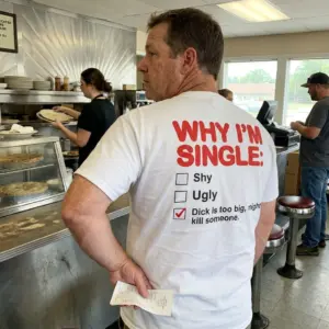 Why I'm Single Checkbox Funny Adult Humor Back Print T-Shirt 11 Close-up casual look showcasing white tee and white tee back print reading WHY IM SINGLE with a three-item humor checklist and red checkmark