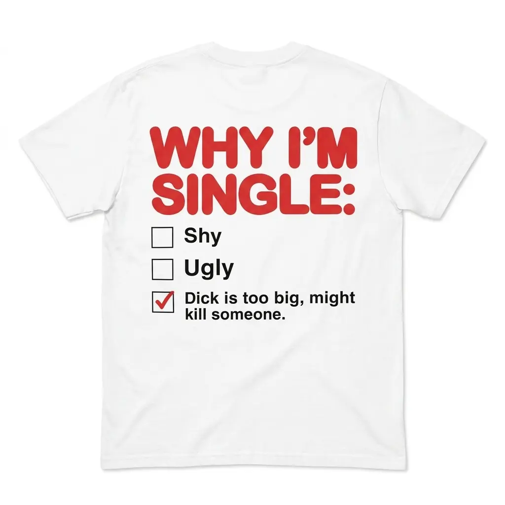 Why I'm Single Checkbox Funny Adult Humor Back Print T-Shirt 1 Flatlay white t-shirt featuring white tee back print reading WHY IM SINGLE with a three-item humor checklist and red checkmark