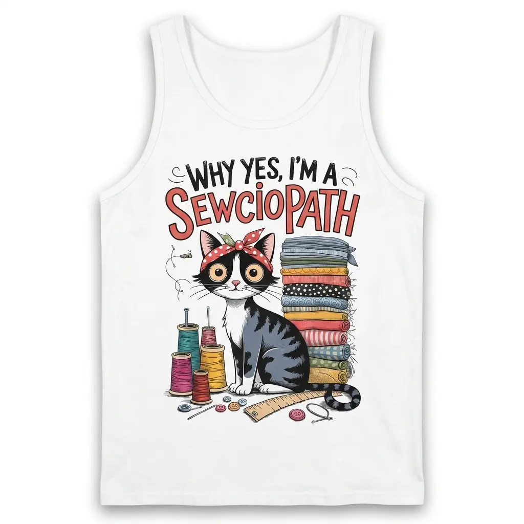 Why Yes I'm a Sewciopath Funny Sewing Cat T-Shirt 3 Flat lay view of a tank top printed with the Sewciopath sewing cat and fabric stack artwork.