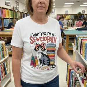 Why Yes I'm a Sewciopath Funny Sewing Cat T-Shirt 10 Lifestyle view of the funny sewing cat shirt displayed in a creative sewing workspace.