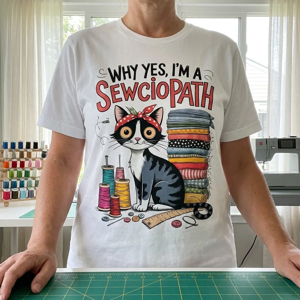 Why Yes I'm a Sewciopath Funny Sewing Cat T-Shirt 6 The Sewciopath cat t-shirt styled in an everyday lifestyle setting.