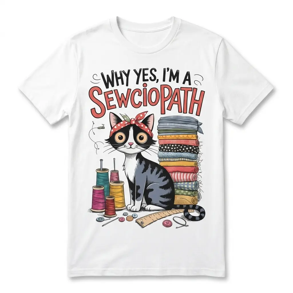 Why Yes I'm a Sewciopath Funny Sewing Cat T-Shirt 1 Flat lay of a white t-shirt featuring a cat with sewing supplies and the text Why Yes, I'm a Sewciopath.