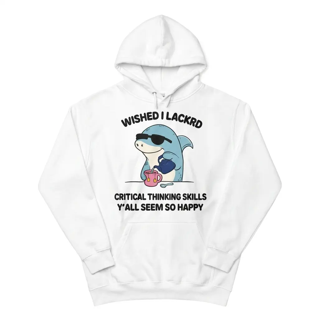 Front flat lay of a hoodie featuring the humorous shark pouring tea and critical thinking quote design.