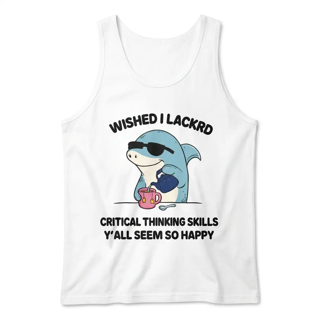 Flat lay view of a sleeveless tank top printed with the funny shark wearing sunglasses and pouring tea graphic.
