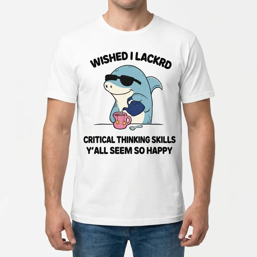 Male model standing facing forward wearing the funny shark critical thinking graphic t-shirt.