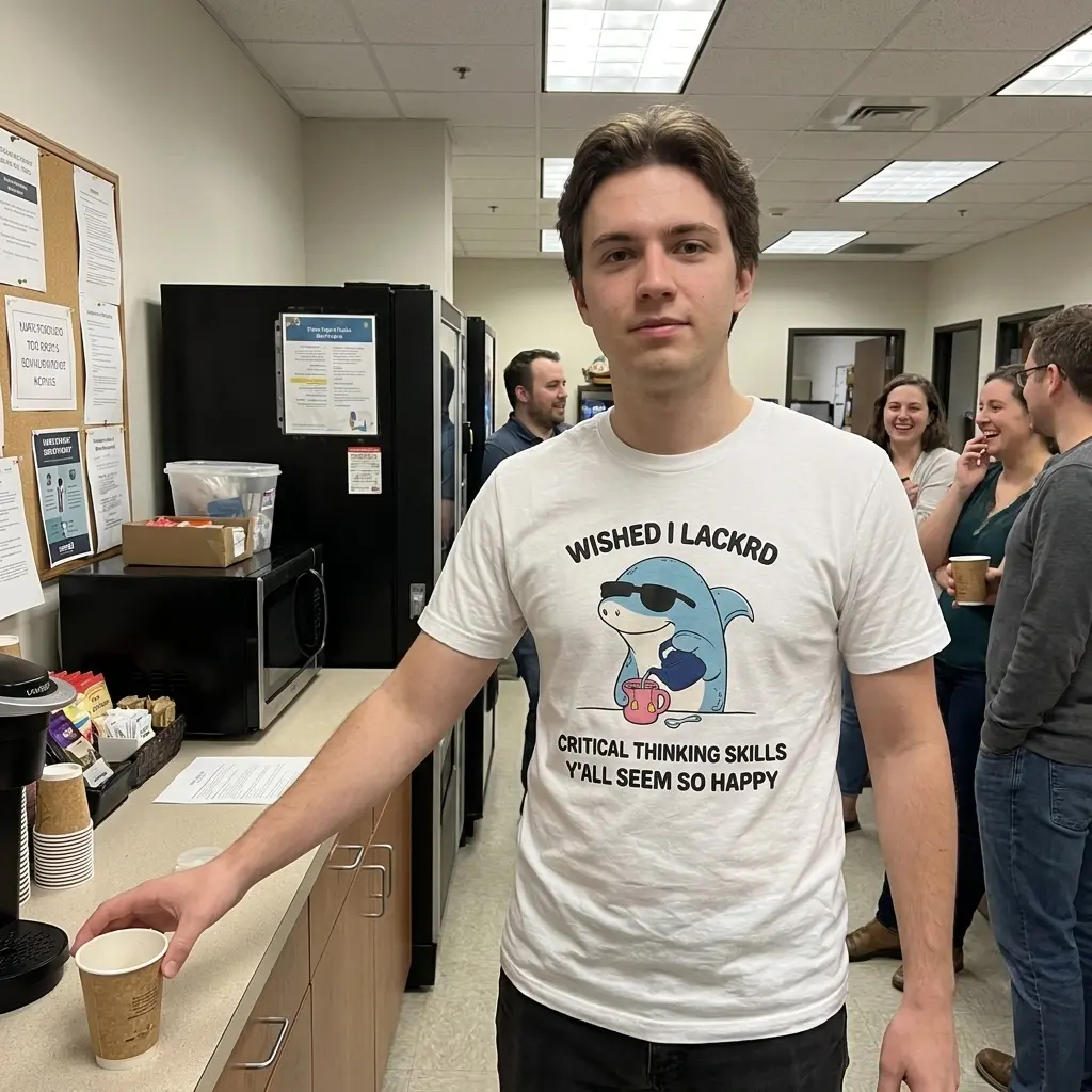 Lifestyle setting highlighting the funny shark pouring tea design on a casual white tee.