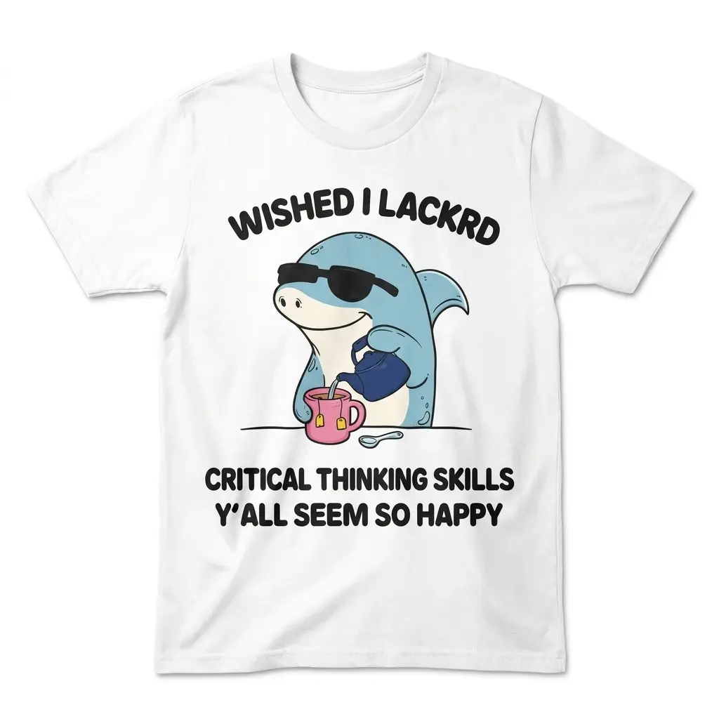 Flat lay view of a white t-shirt featuring a cartoon shark wearing sunglasses pouring tea with funny critical thinking text.