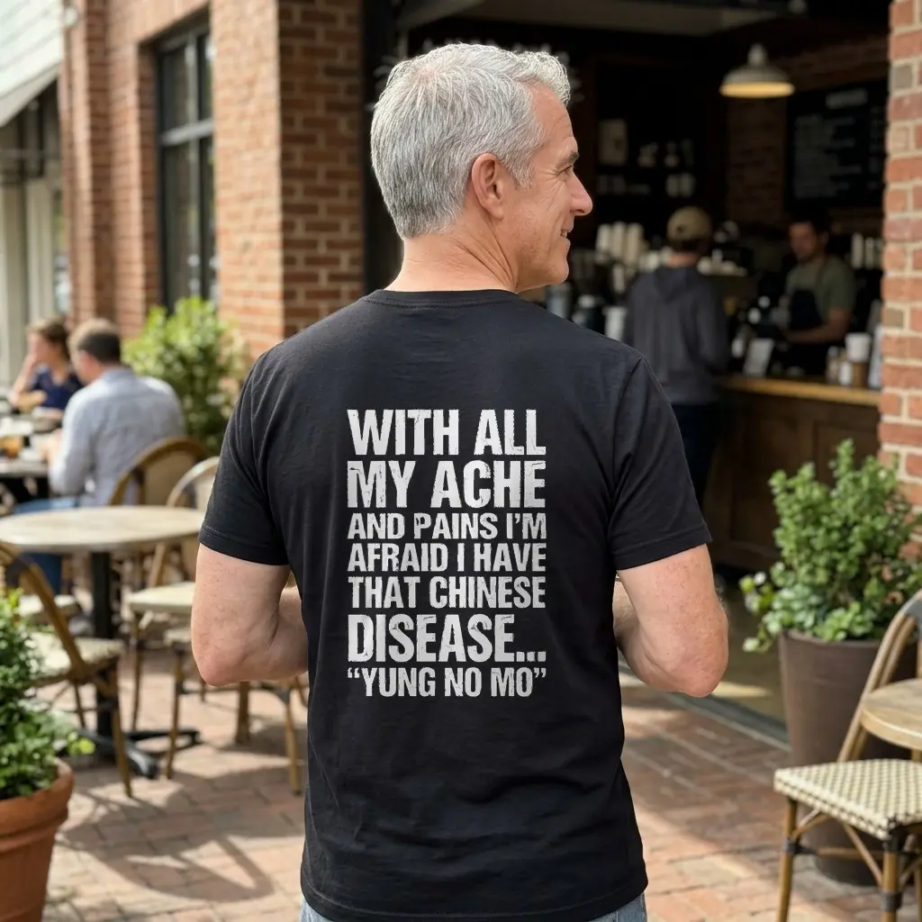 Everyday streetwear outfit styling black shirt with black tee back print reading WITH ALL MY ACHE AND PAINS YUNG NO MO in distressed white block letters