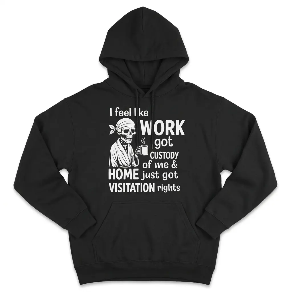 Work Got Custody Home Got Visitation Skeleton T-Shirt 2 Front view of a black hoodie featuring a coffee-drinking skeleton and the phrase I feel like work got custody of me.
