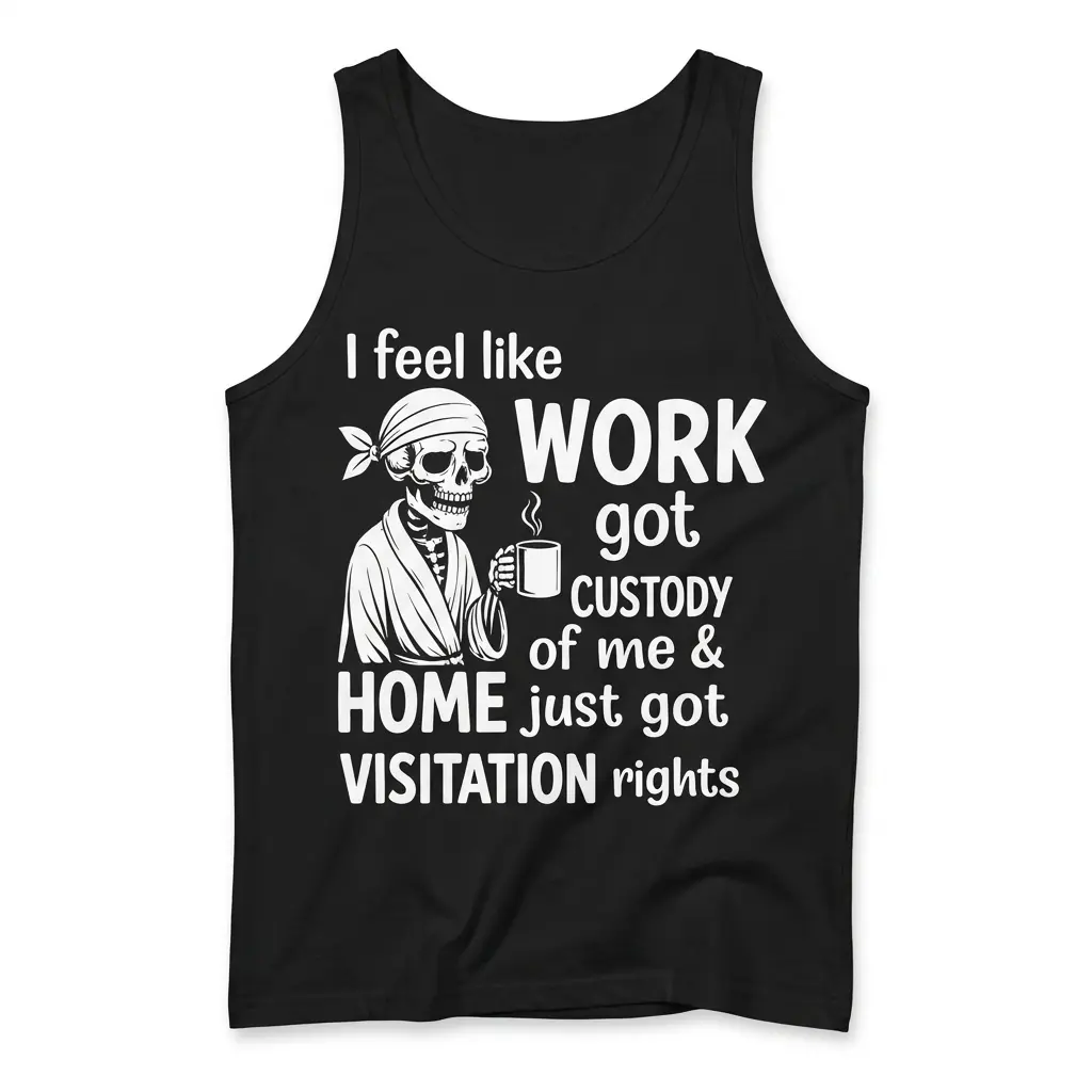 Work Got Custody Home Got Visitation Skeleton T-Shirt 3 Flat lay of a black tank top with a skeleton wearing a bandana and robe holding a mug, with the text I feel like work got custody of me.