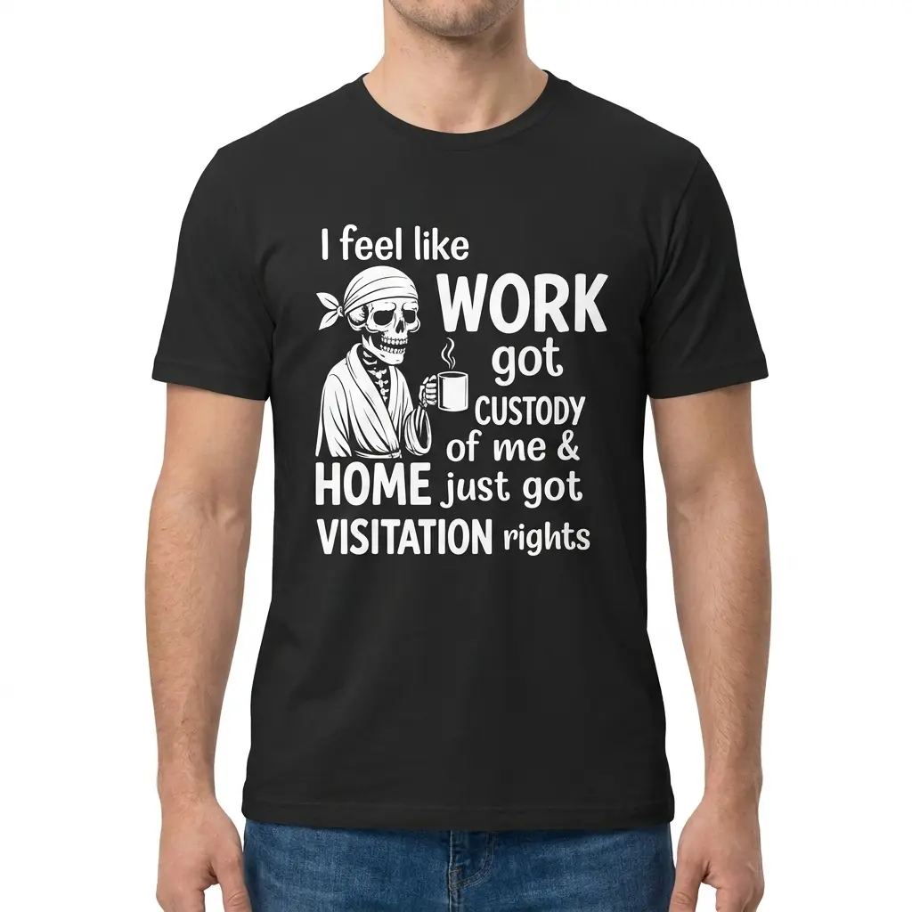 Work Got Custody Home Got Visitation Skeleton T-Shirt 4 A male model wearing a black t-shirt that says I feel like work got custody of me and home just got visitation rights, with a skeleton design.