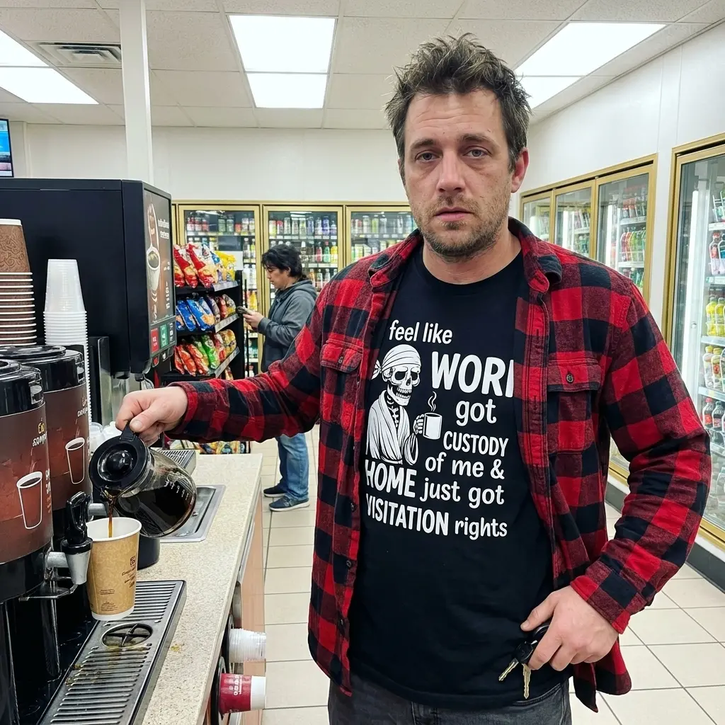 Work Got Custody Home Got Visitation Skeleton T-Shirt 5 Lifestyle setting showing the Work Got Custody Home Got Visitation Skeleton T-Shirt design on a garment in a casual environment.