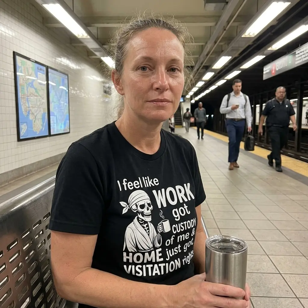 Work Got Custody Home Got Visitation Skeleton T-Shirt 6 Another lifestyle view of the skeleton and coffee graphic with the text I feel like work got custody of me, in a real-world setting.