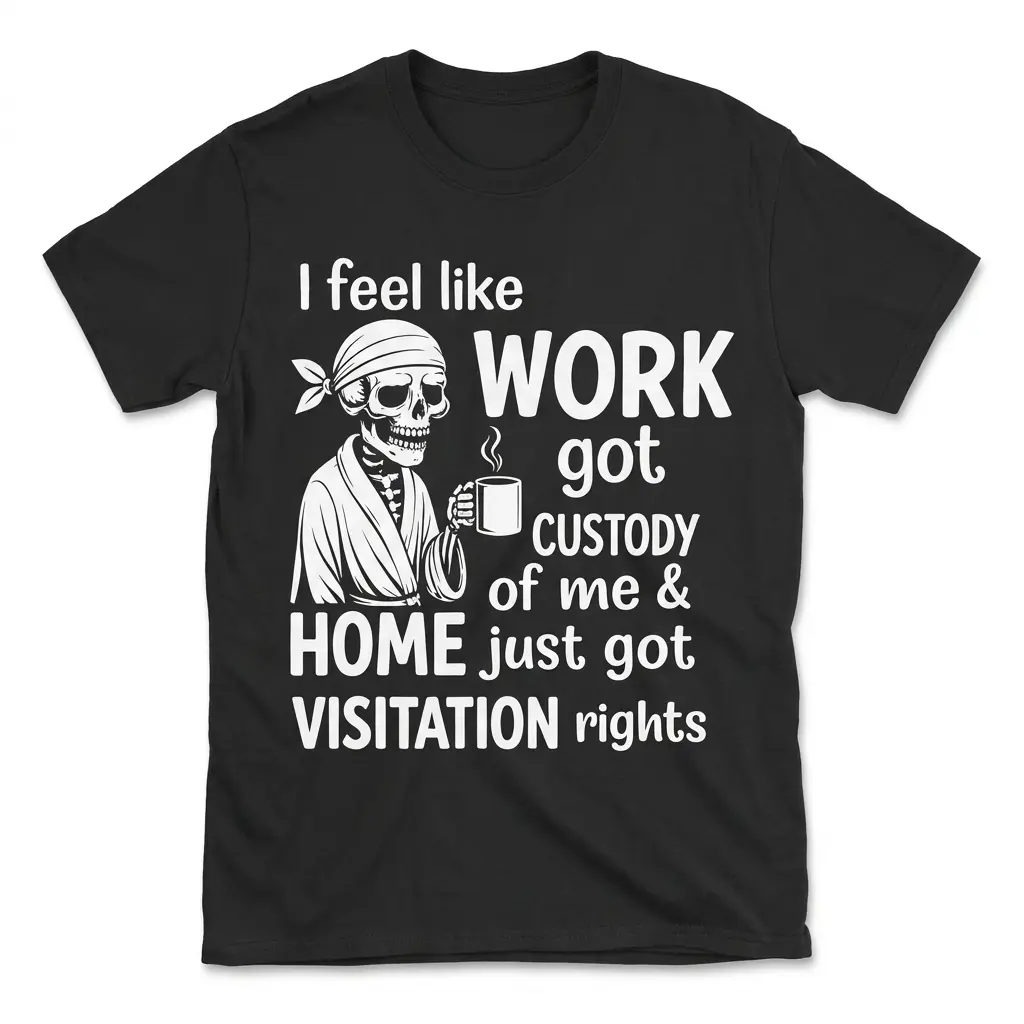 Work Got Custody Home Got Visitation Skeleton T-Shirt 1 Work Got Custody Shirt ? black flat lay tee with a tired skeleton holding coffee and text I Feel Like Work Got Custody Of Me And Home Just Got Visitation Rights