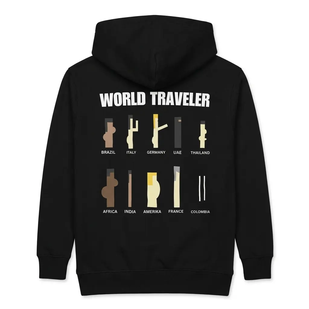 Cozy pullover hoodie displaying black tee back print reading WORLD TRAVELER with ten minimalist geometric country parody icons