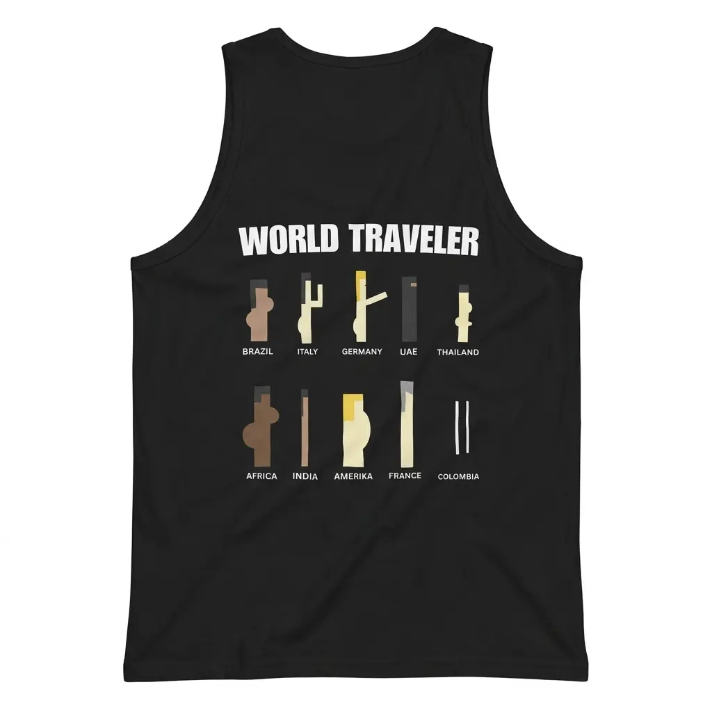 Sleeveless casual tank top with black tee back print reading WORLD TRAVELER with ten minimalist geometric country parody icons