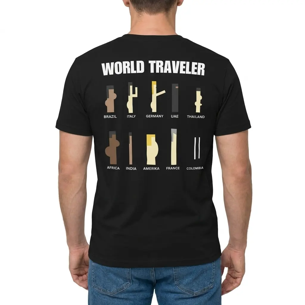 Man wearing black graphic tee with black tee back print reading WORLD TRAVELER with ten minimalist geometric country parody icons