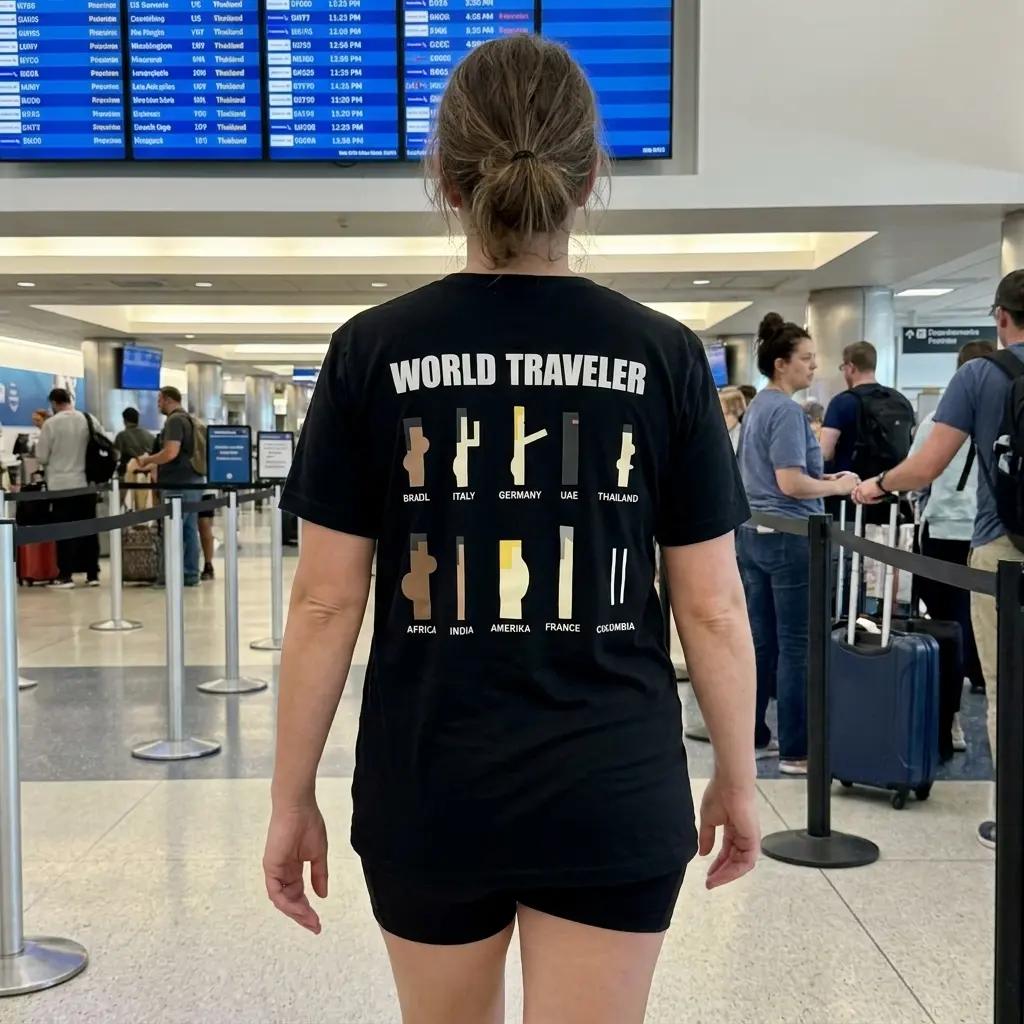 Everyday streetwear outfit styling black shirt with black tee back print reading WORLD TRAVELER with ten minimalist geometric country parody icons
