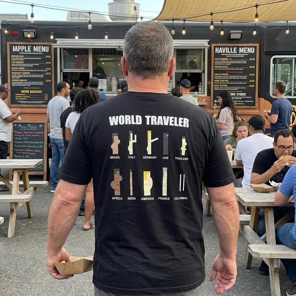 Close-up casual look showcasing black tee and black tee back print reading WORLD TRAVELER with ten minimalist geometric country parody icons