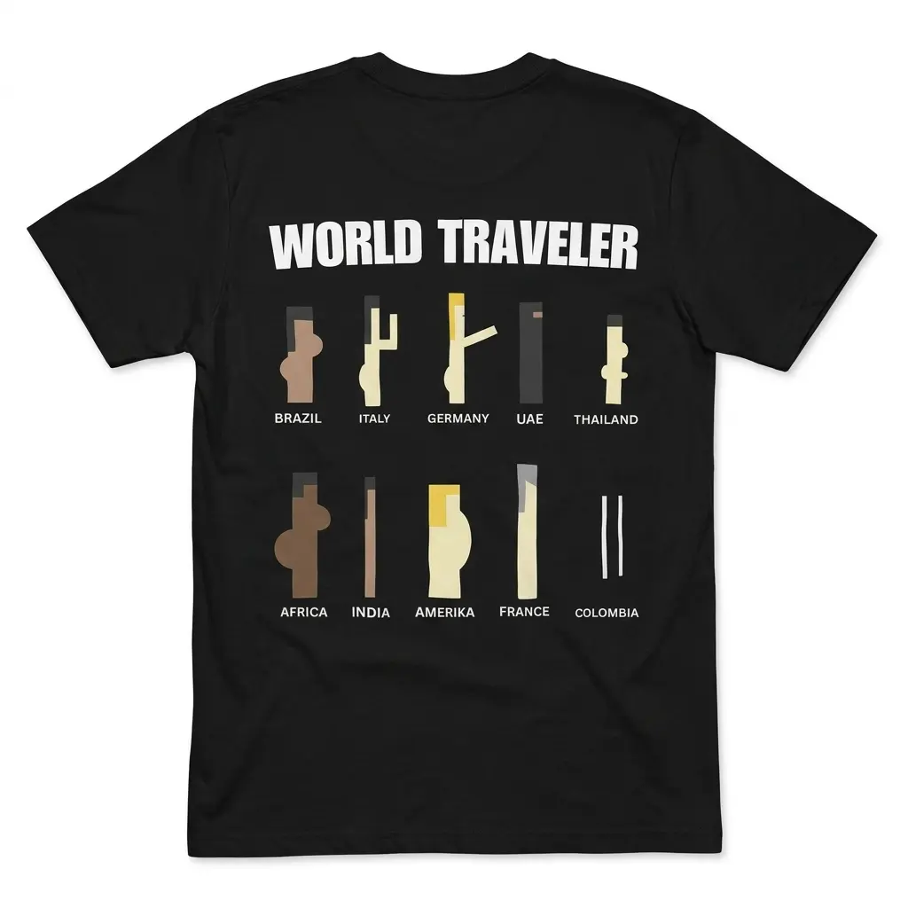 Flatlay black t-shirt featuring black tee back print reading WORLD TRAVELER with ten minimalist geometric country parody icons