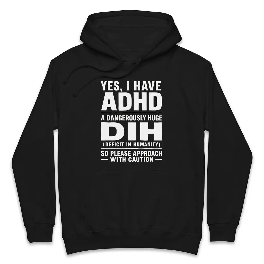 Cozy pullover hoodie displaying black tee front print reading YES I HAVE ADHD A DANGEROUSLY HUGE DIH DEFICIT IN HUMANITY in white text