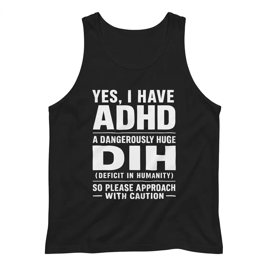 Sleeveless casual tank top with black tee front print reading YES I HAVE ADHD A DANGEROUSLY HUGE DIH DEFICIT IN HUMANITY in white text