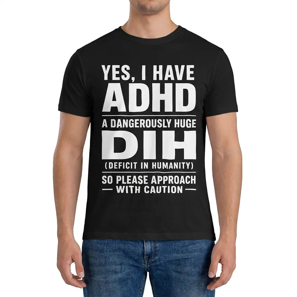 Man wearing black graphic tee with black tee front print reading YES I HAVE ADHD A DANGEROUSLY HUGE DIH DEFICIT IN HUMANITY in white text