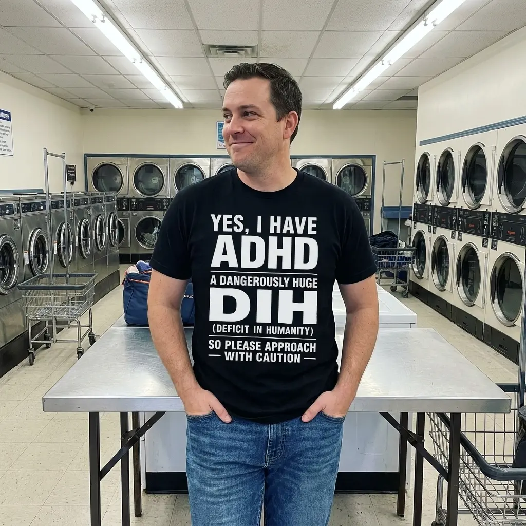 Everyday streetwear outfit styling black shirt with black tee front print reading YES I HAVE ADHD A DANGEROUSLY HUGE DIH DEFICIT IN HUMANITY in white text
