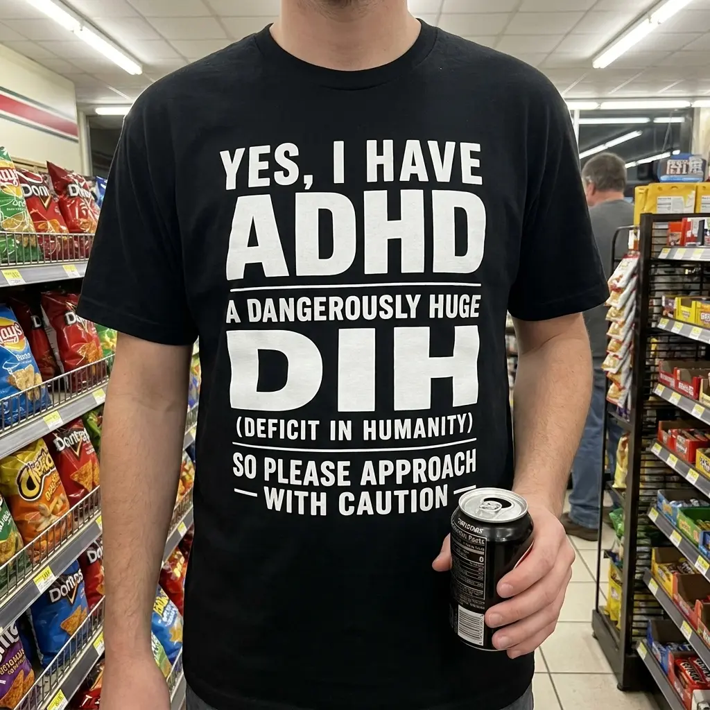Close-up casual look showcasing black tee and black tee front print reading YES I HAVE ADHD A DANGEROUSLY HUGE DIH DEFICIT IN HUMANITY in white text