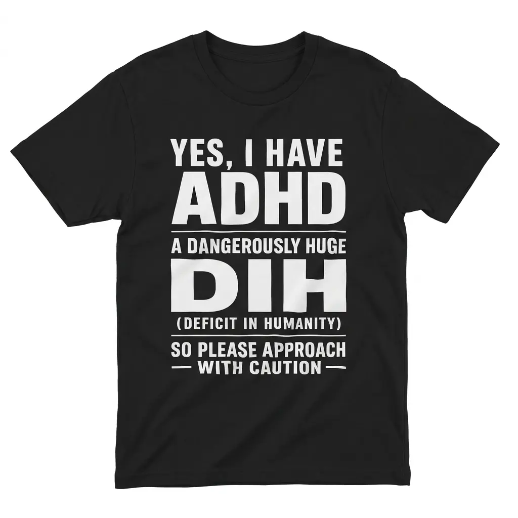 Flatlay black t-shirt featuring black tee front print reading YES I HAVE ADHD A DANGEROUSLY HUGE DIH DEFICIT IN HUMANITY in white text