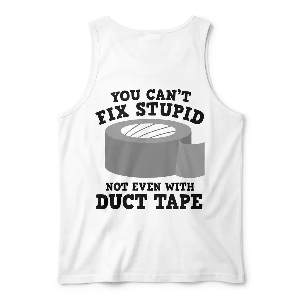 Back flatlay of a tank top printed with the humorous duct tape graphic and You Can't Fix Stupid quote.
