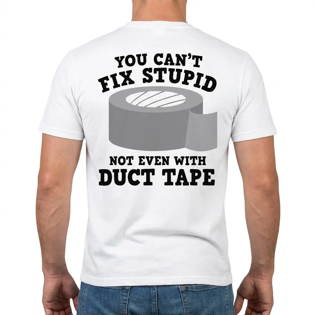 Back view of a man wearing the funny duct tape shirt with You Can't Fix Stupid text and roll graphic.