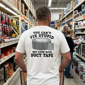 You Can't Fix Stupid Duct Tape T-Shirt 10 Lifestyle view showcasing the back print of the You Can't Fix Stupid funny duct tape t-shirt.